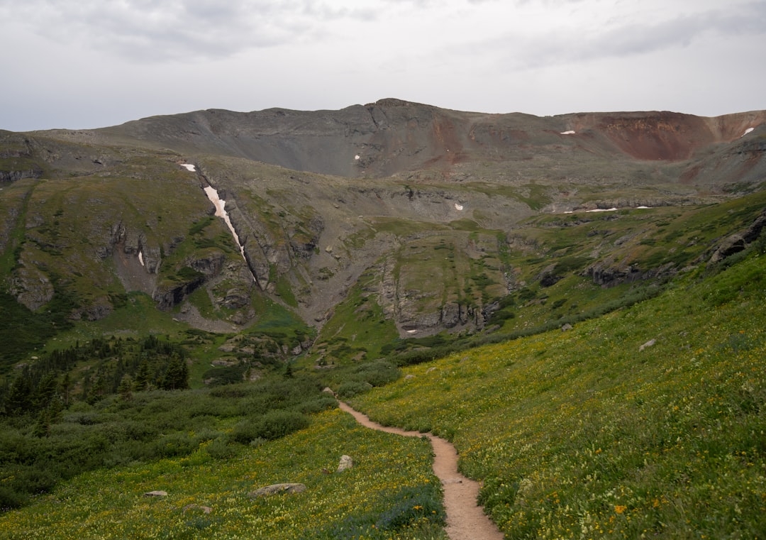 A trail winds through a grassy valley with mountains in the background